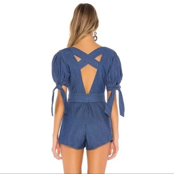 C/MEO Collective Kind to you Romper Puff Sleeve Cross Back Romper in Indigo - Picture 7 of 14
